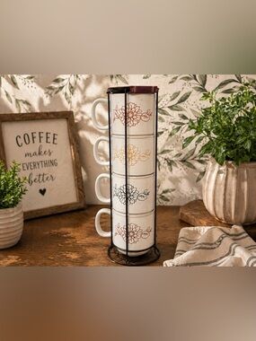 Stackable Ceramic Mugs with Floral Prints - White with Red, Gold, Black Accents